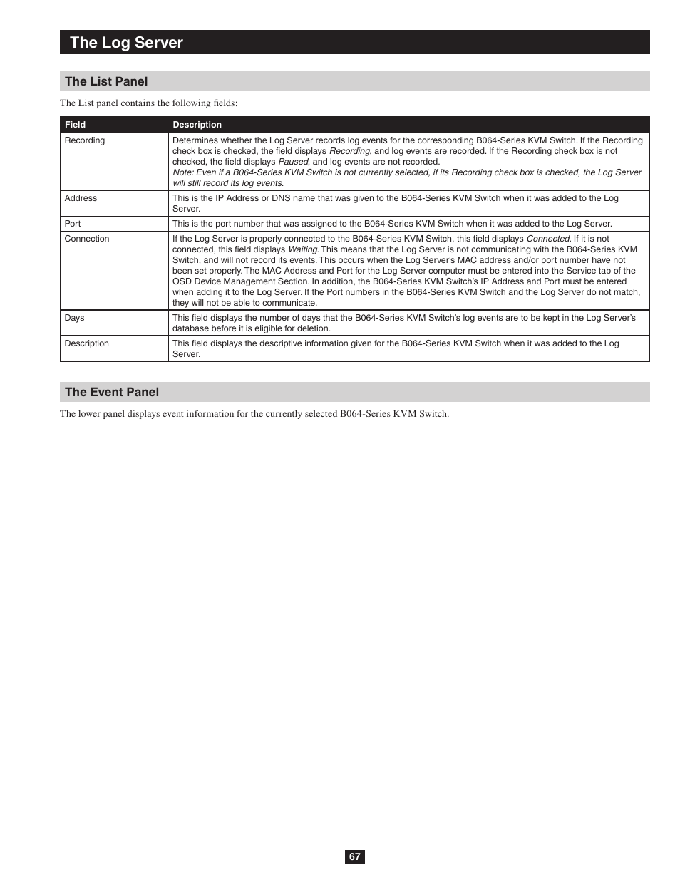 The log server the list panel the event panel, The log server, The list panel the event panel | Tripp Lite NETDIRECTOR B064-016-04-IP User Manual | Page 67 / 72