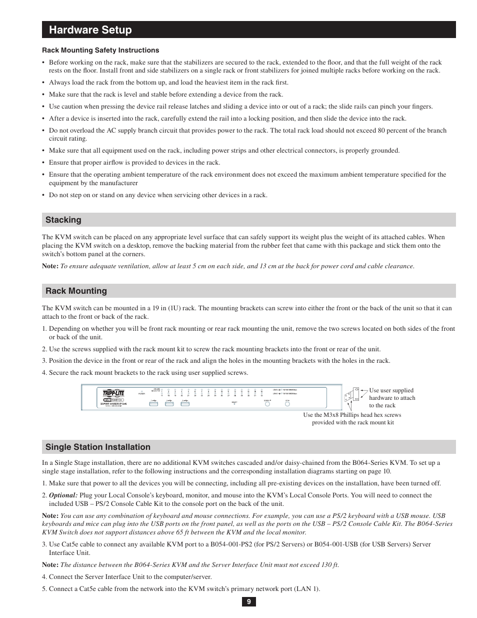 Stacking rack mounting single station installation, Hardware setup | Tripp Lite NETDIRECTOR B064-016-04-IP User Manual | Page 9 / 72