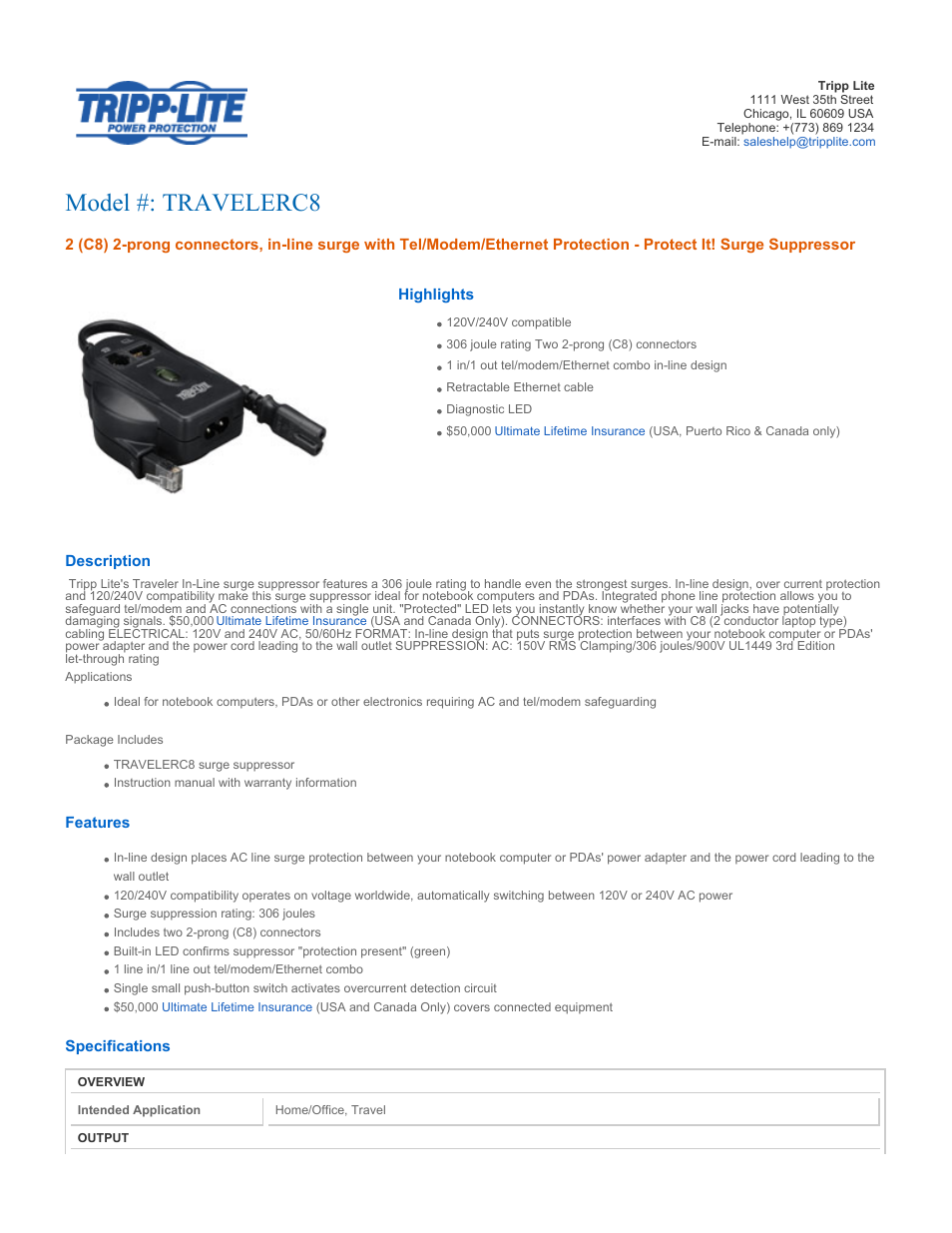 Tripp Lite Traveler In-Line TRAVELERC8 User Manual | 3 pages