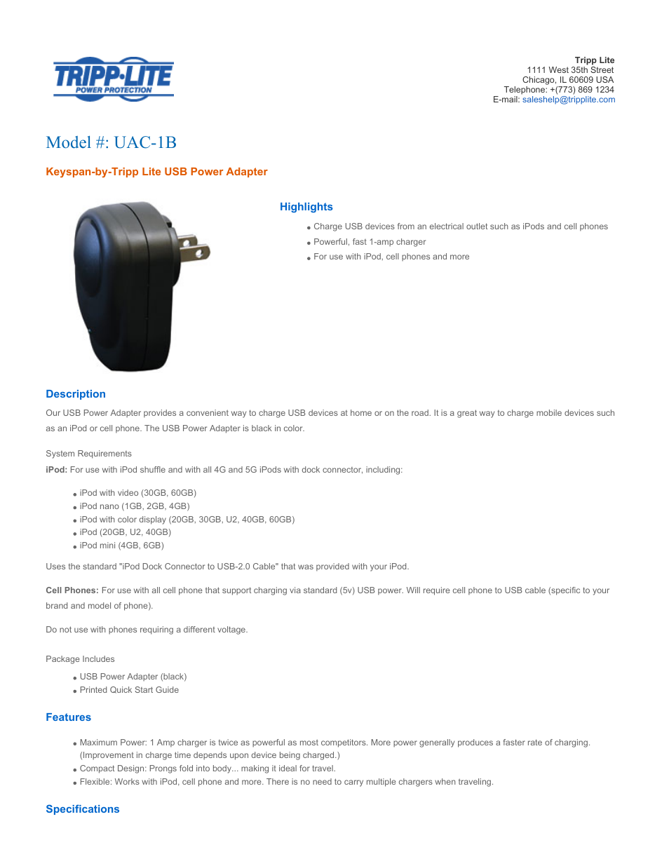 Tripp Lite Keyspan-by- USB Power Adapter UAC-1B User Manual | 2 pages