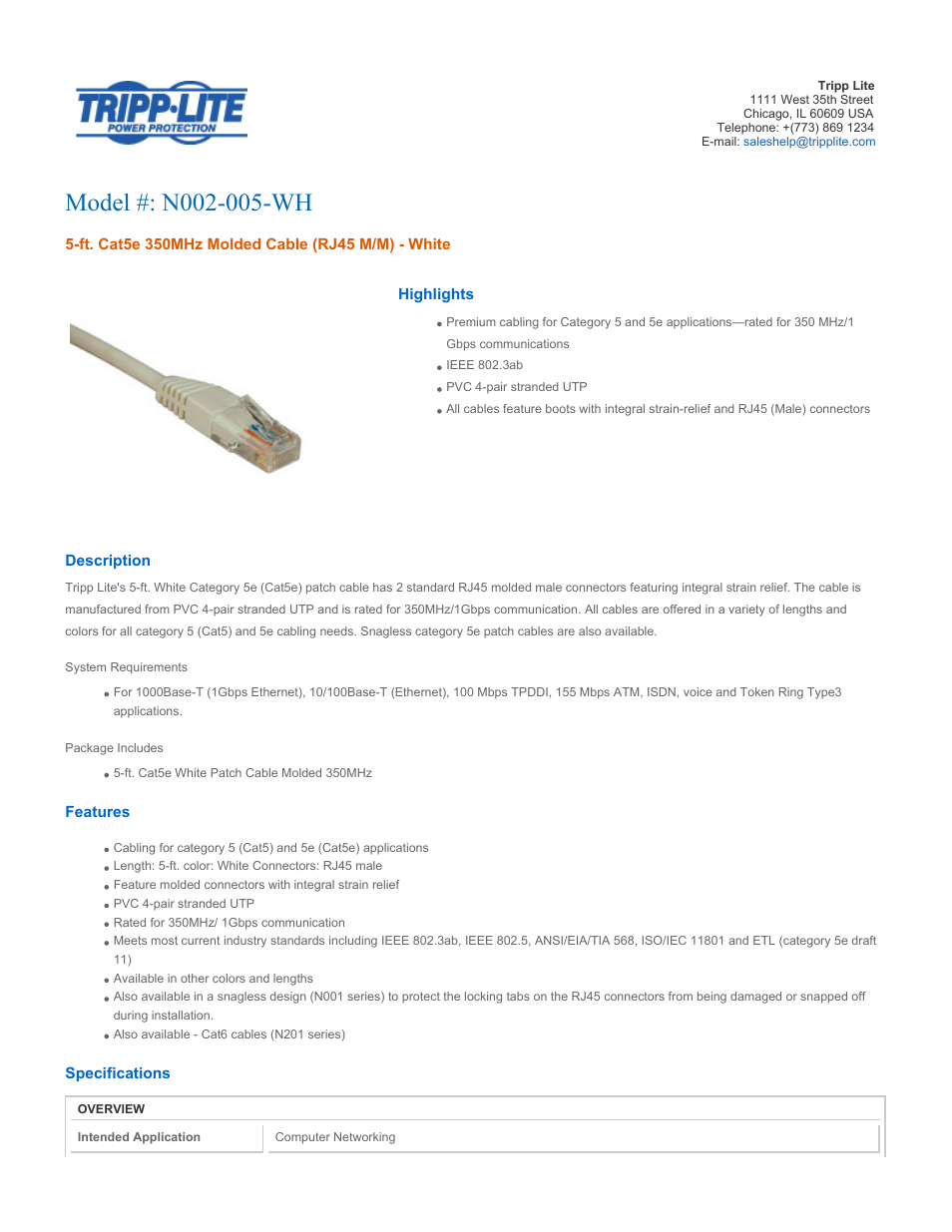 Tripp Lite N002-005-WH User Manual | 2 pages