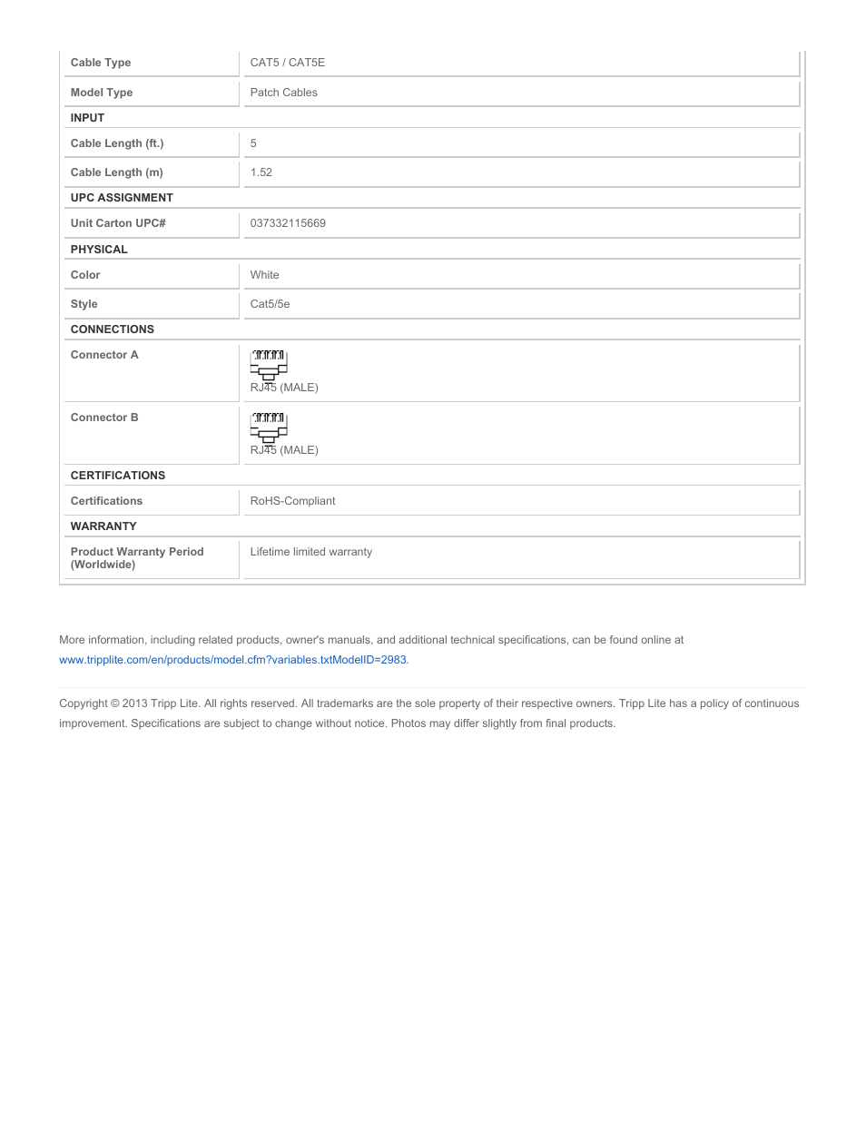 Tripp Lite N002-005-WH User Manual | Page 2 / 2