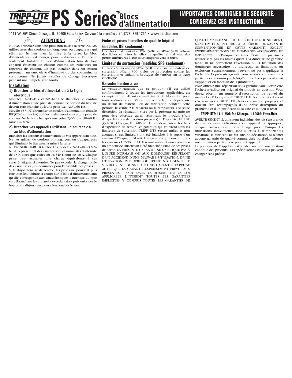 Ps series, Blocs d ' alimentation | Tripp Lite PS-5-INT User Manual | Page 2 / 2