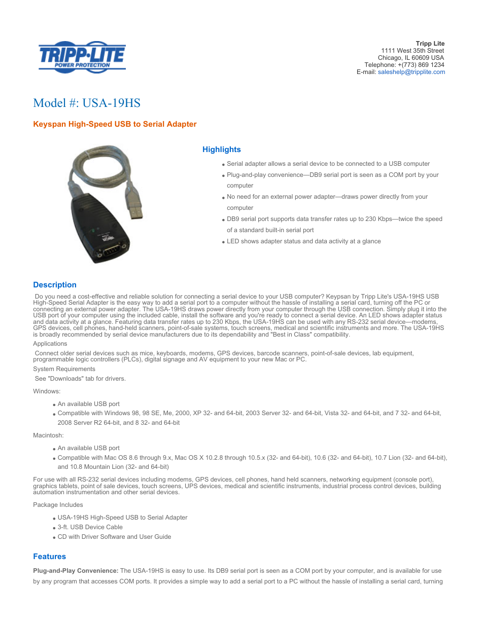 Tripp Lite High-Speed USB Serial Adapter USA-19HS User Manual | 3 pages