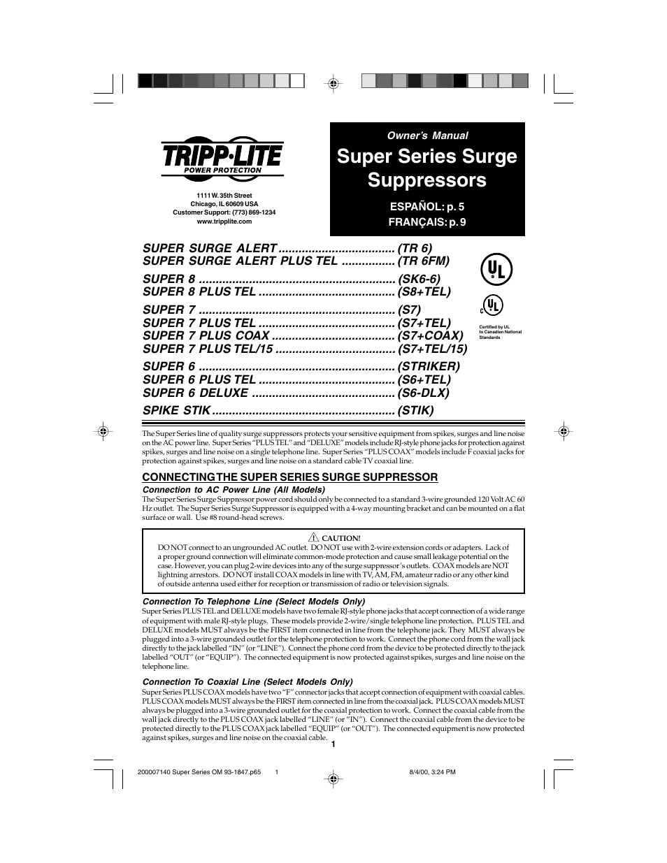 Tripp Lite Super Series UL1449330 User Manual | 5 pages