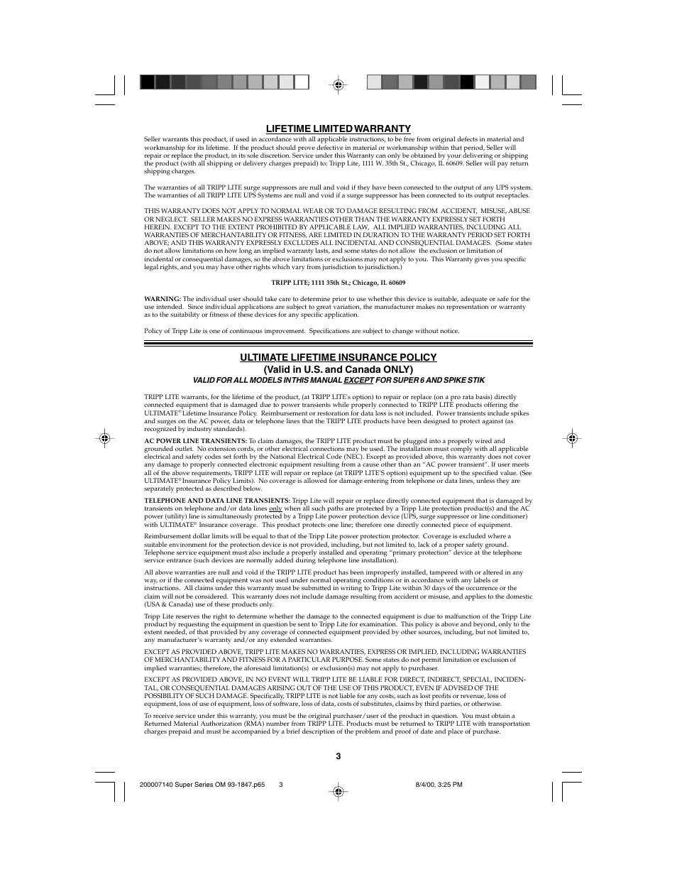 Lifetime limited warranty | Tripp Lite Super Series UL1449330 User Manual | Page 3 / 5