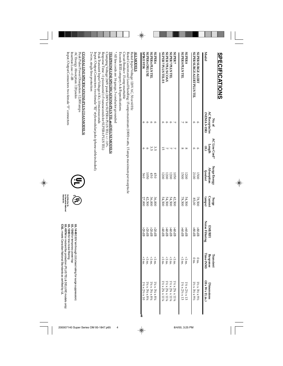 Specifica tions | Tripp Lite Super Series UL1449330 User Manual | Page 4 / 5