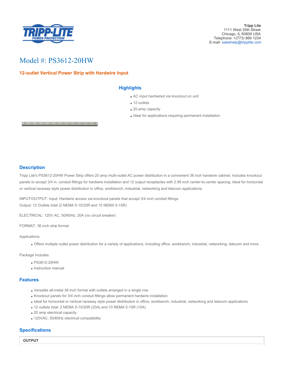 Tripp Lite PS3612-20HW User Manual | 2 pages