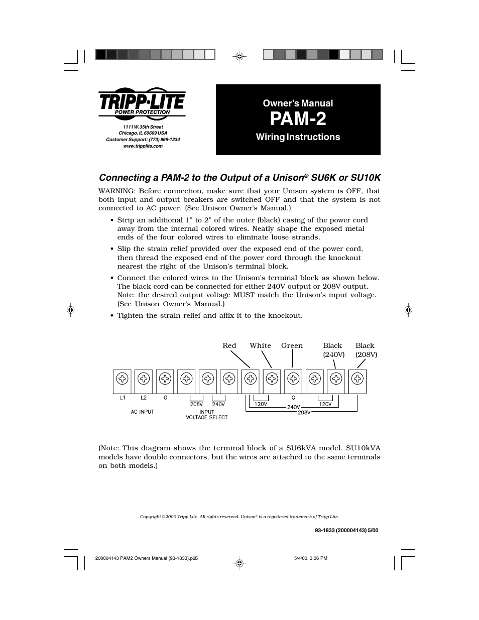 Tripp Lite Power Accessory Module PAM-2 User Manual | 1 page
