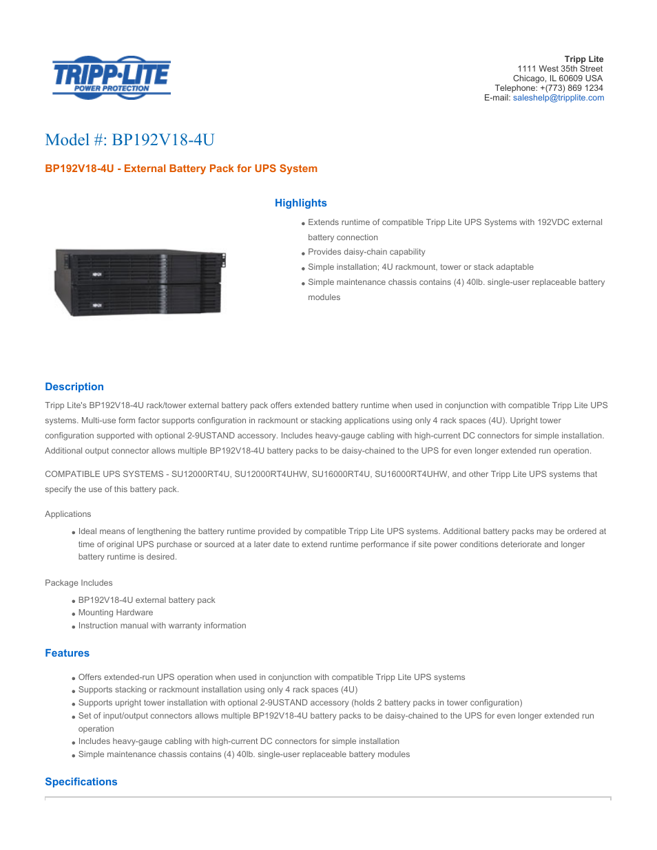 Tripp Lite BP192V18-4U User Manual | 3 pages