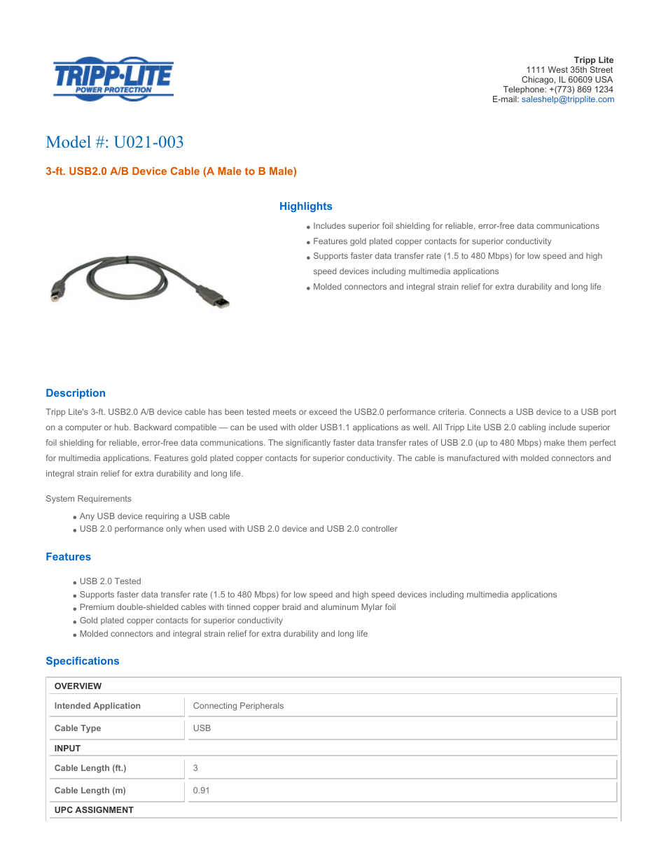 Tripp Lite U021-003 User Manual | 2 pages