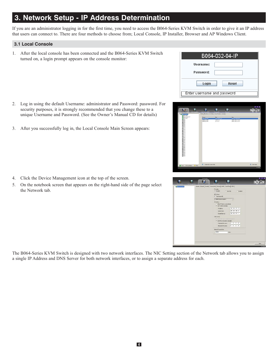 Network setup - ip address determination | Tripp Lite B064-016-04-IP User Manual | Page 4 / 8