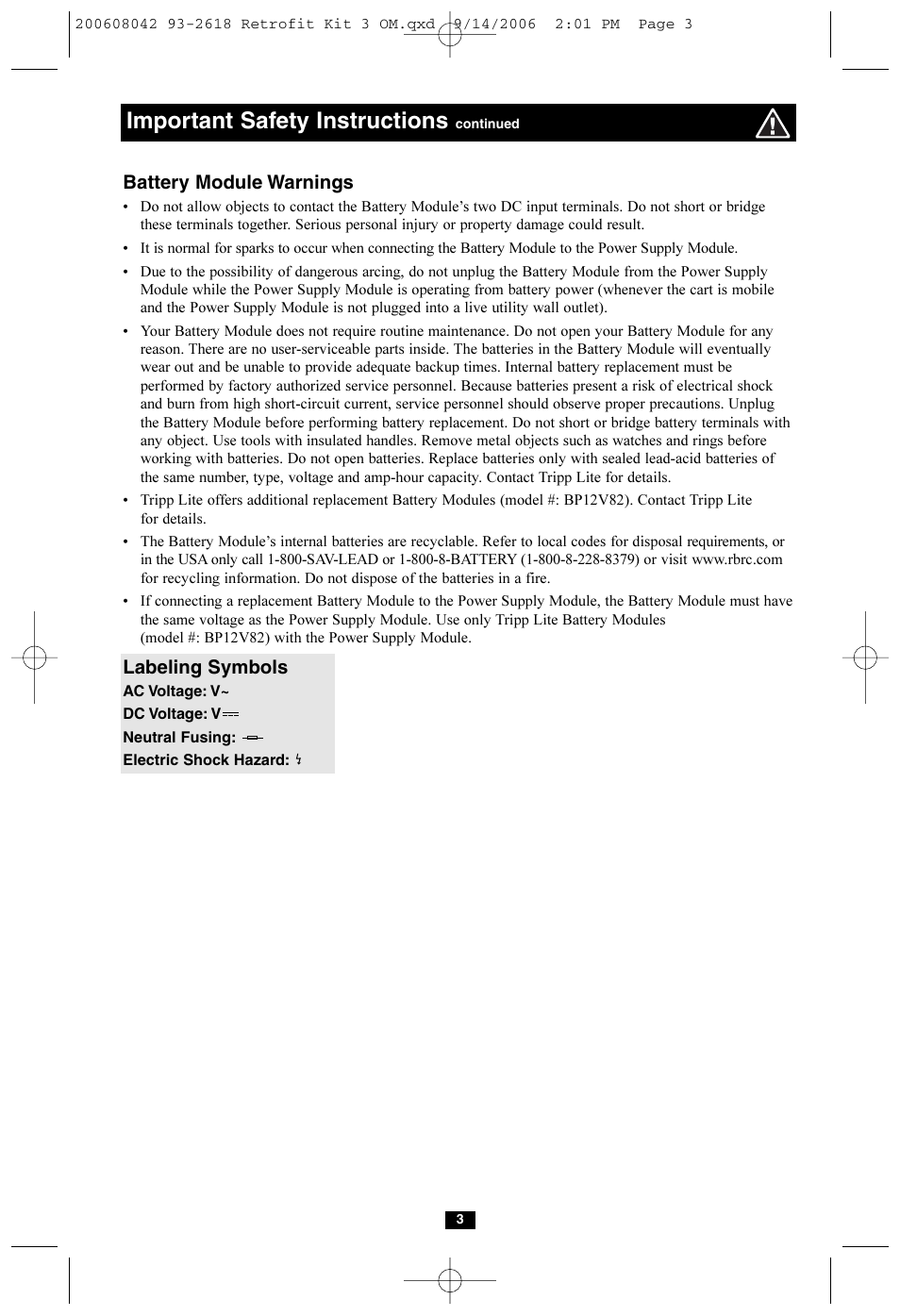 Important safety instructions, Battery module warnings, Labeling symbols | Tripp Lite HCRK-3 User Manual | Page 3 / 12