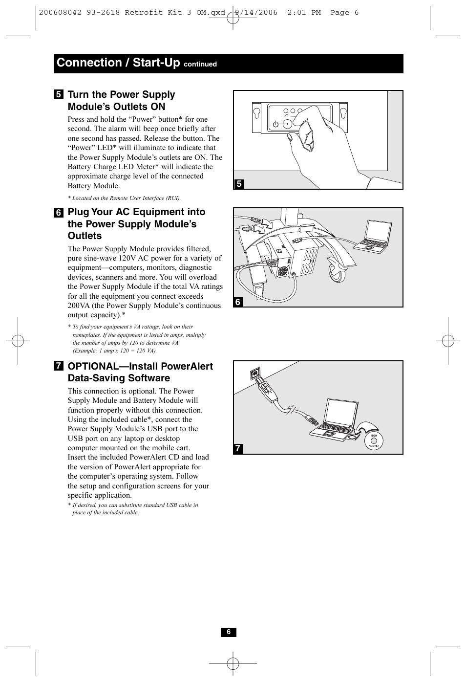 Connection / start-up, Turn the power supply module’s outlets on, Optional—install poweralert data-saving software | Tripp Lite HCRK-3 User Manual | Page 6 / 12