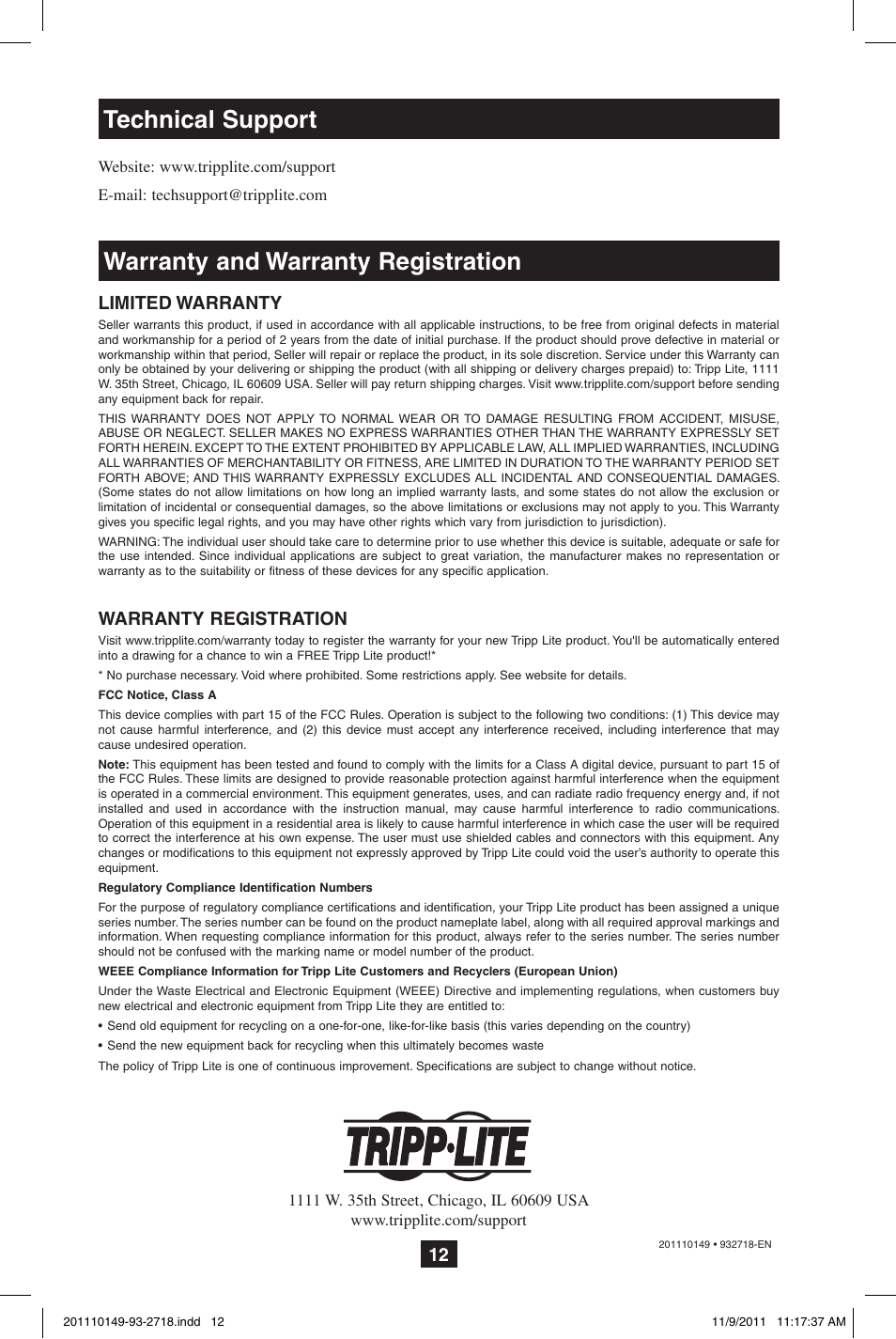 Warranty and warranty registration, Technical support | Tripp Lite XL User Manual | Page 12 / 36