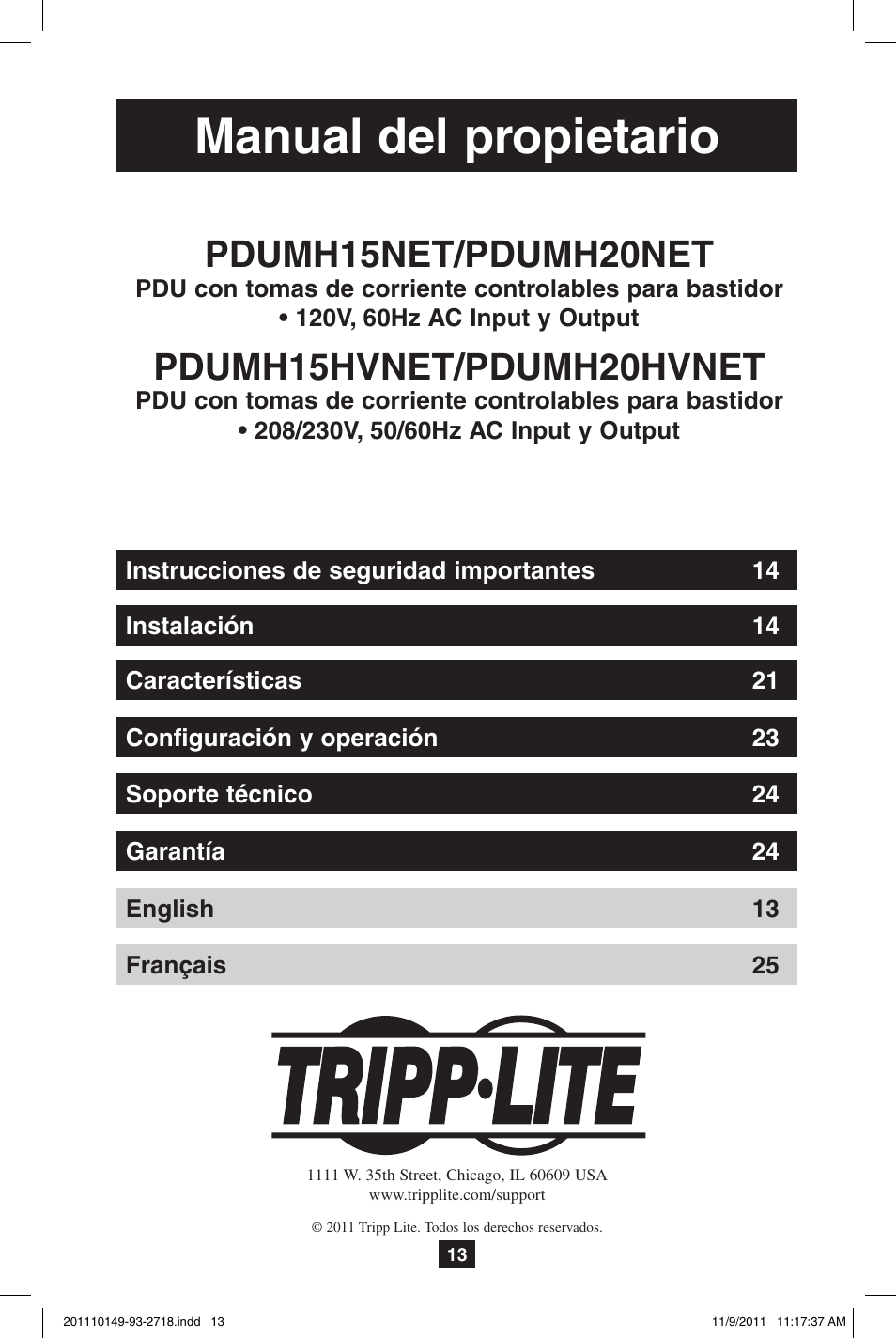 Manual del propietario, Pdumh15net/pdumh20net, Pdumh15hvnet/pdumh20hvnet | Tripp Lite XL User Manual | Page 13 / 36
