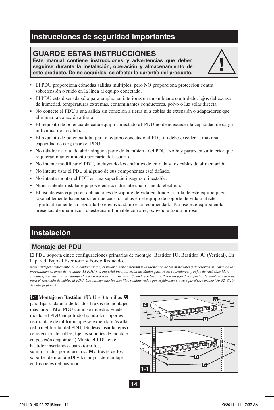 Guarde estas instrucciones, Instrucciones de seguridad importantes, Instalación | Montaje del pdu | Tripp Lite XL User Manual | Page 14 / 36