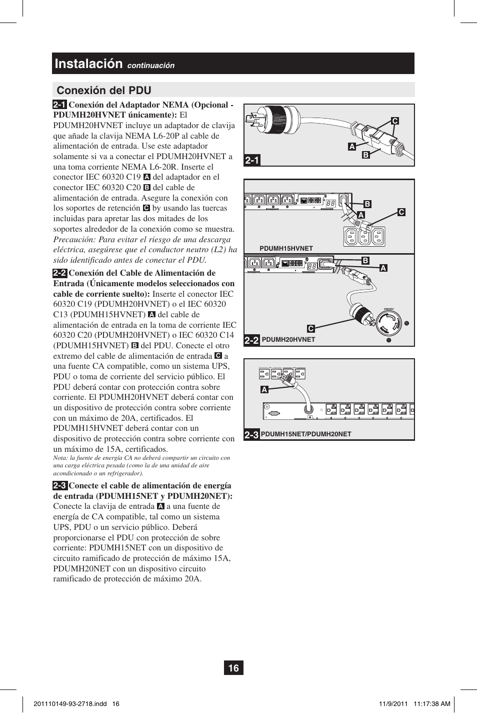 Instalación, Conexión del pdu | Tripp Lite XL User Manual | Page 16 / 36