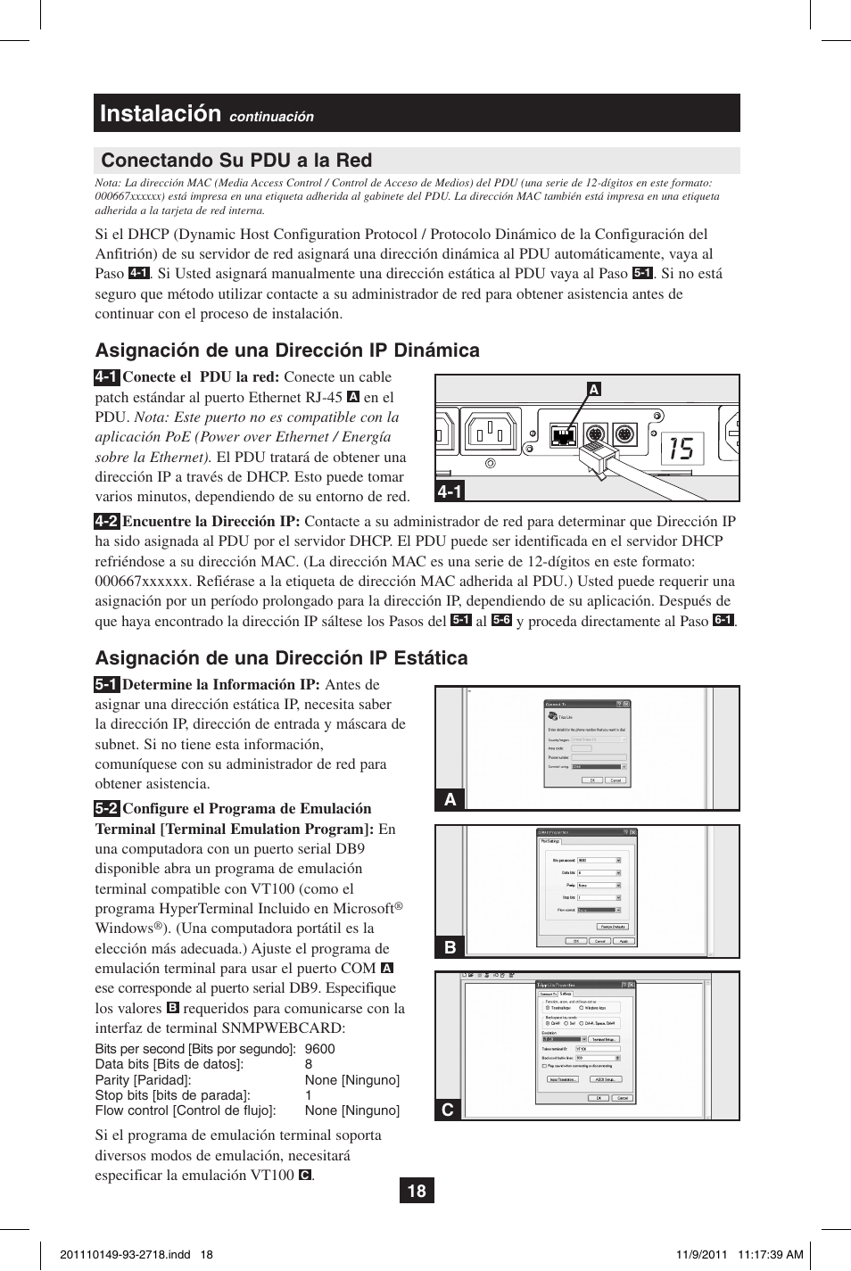 Instalación, Conectando su pdu a la red, Asignación de una dirección ip dinámica | Asignación de una dirección ip estática | Tripp Lite XL User Manual | Page 18 / 36