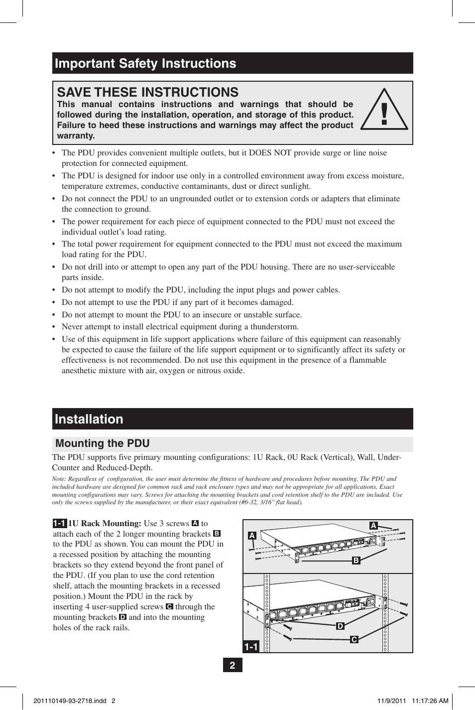 Save these instructions, Important safety instructions, Installation | Mounting the pdu | Tripp Lite XL User Manual | Page 2 / 36