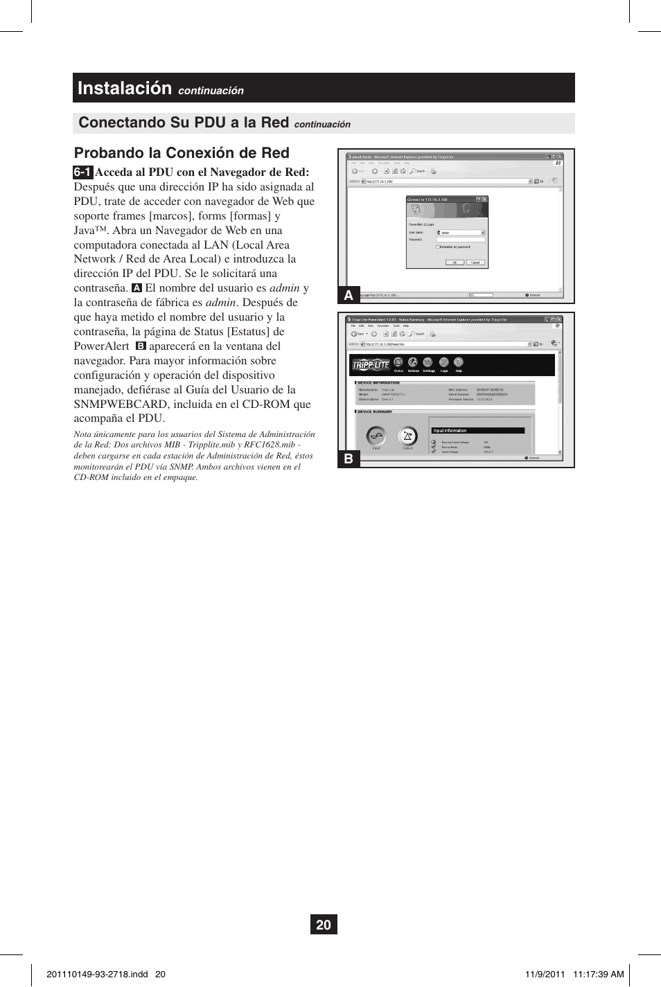 Instalación, Conectando su pdu a la red, Probando la conexión de red | Tripp Lite XL User Manual | Page 20 / 36