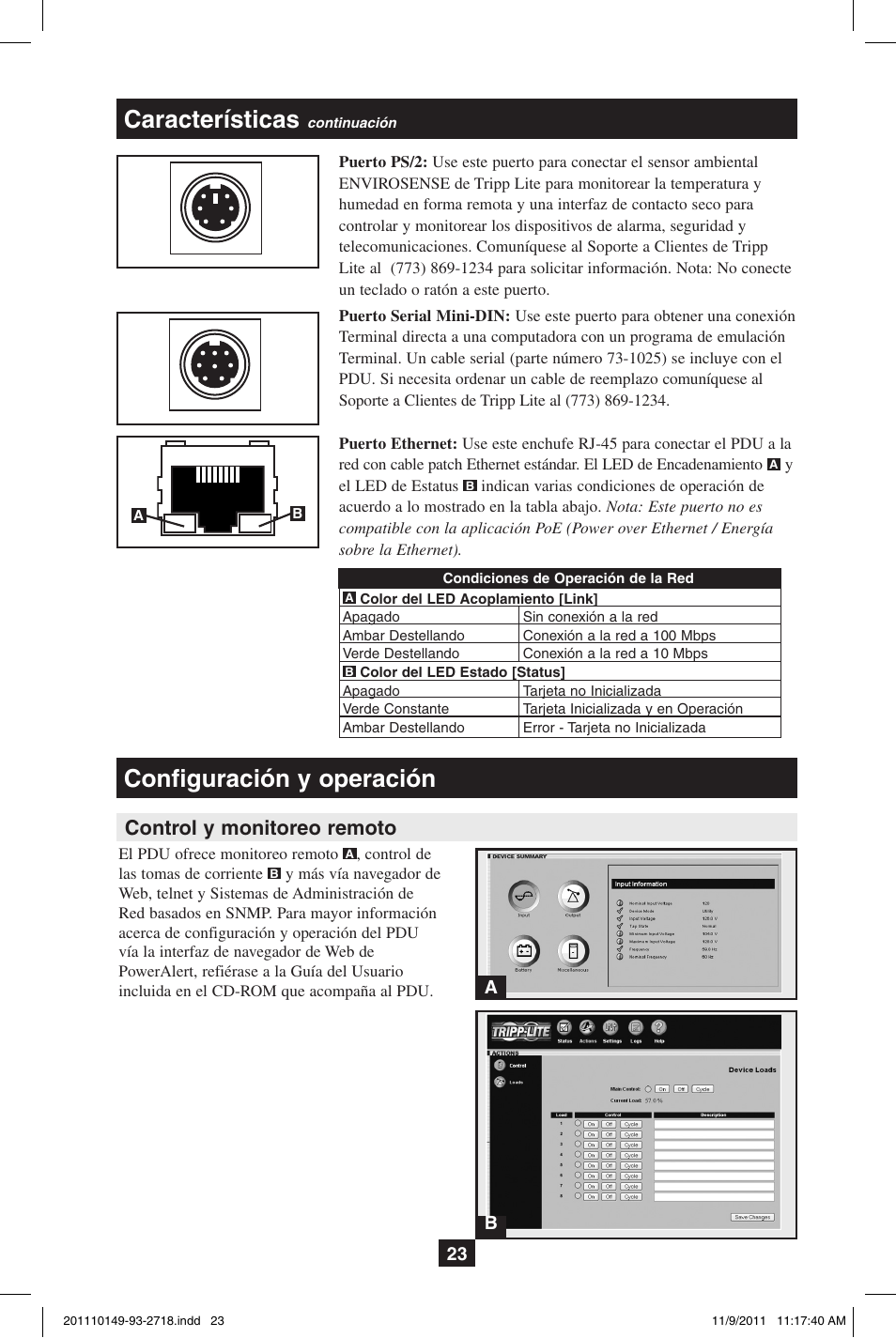 Características, Configuración y operación, Control y monitoreo remoto | Tripp Lite XL User Manual | Page 23 / 36