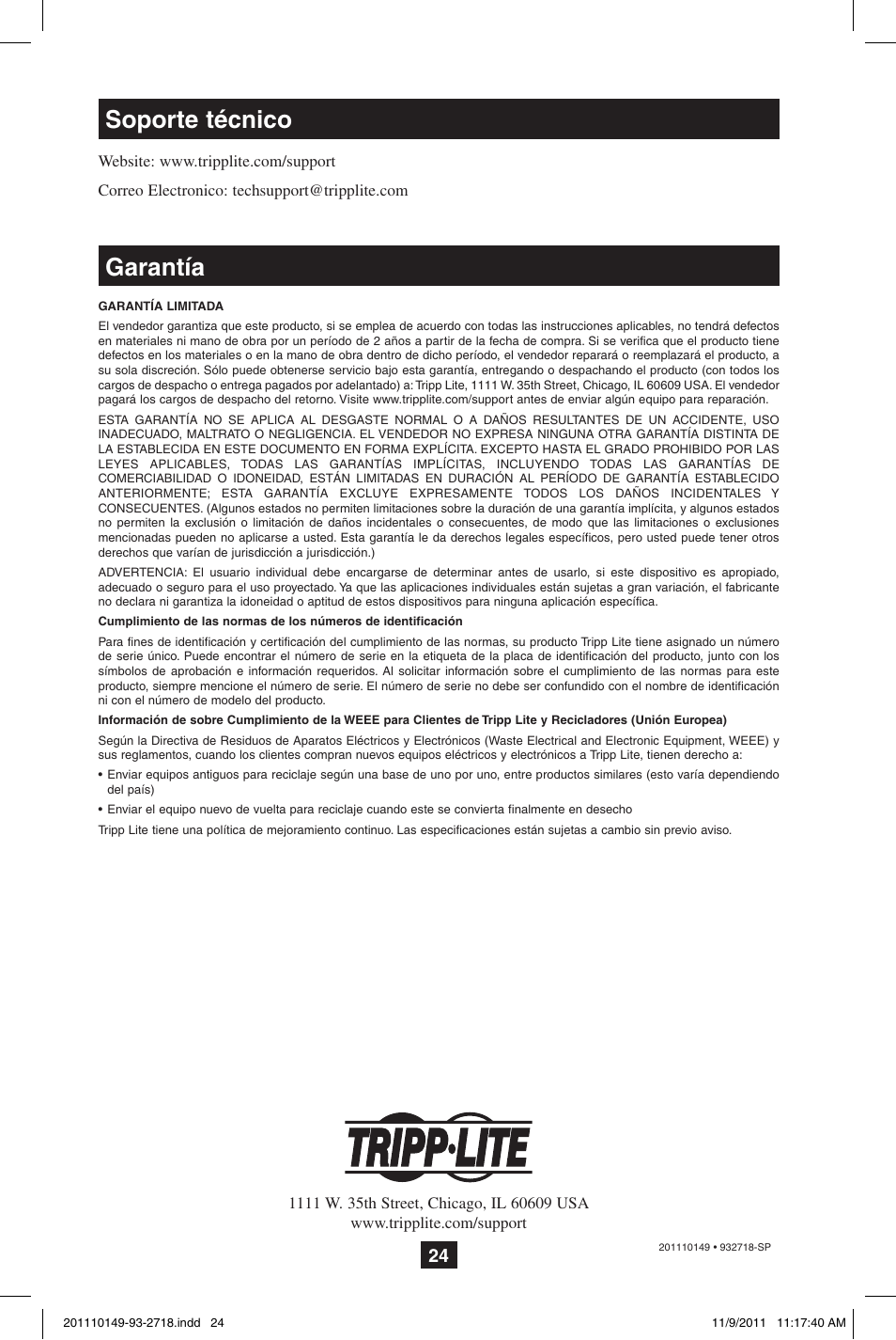 Soporte técnico, Garantía | Tripp Lite XL User Manual | Page 24 / 36