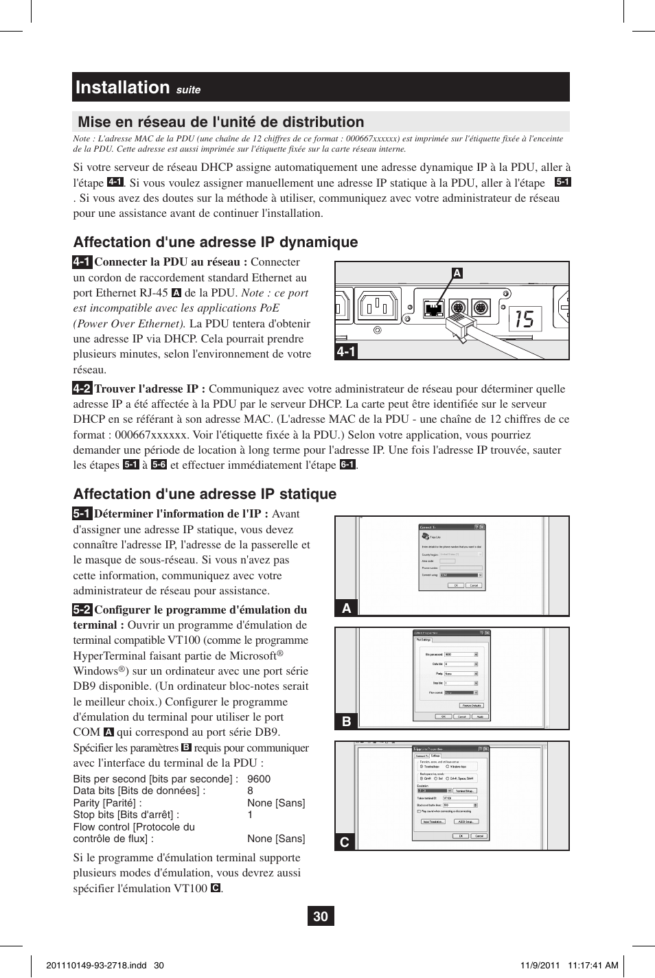 Installation, Mise en réseau de l'unité de distribution, Affectation d'une adresse ip dynamique | Affectation d'une adresse ip statique | Tripp Lite XL User Manual | Page 30 / 36