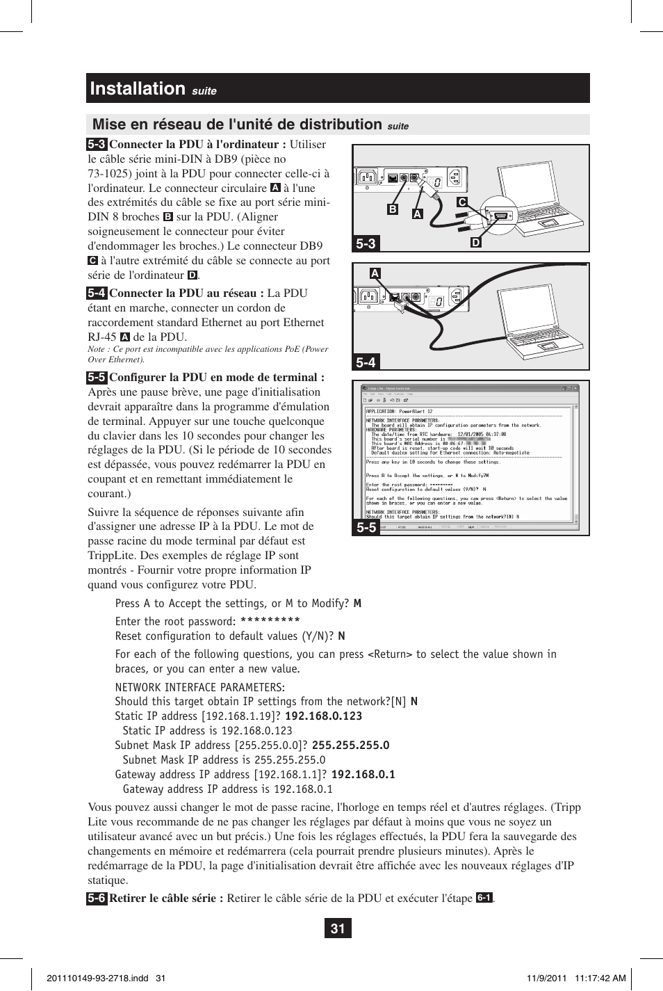 Installation, Mise en réseau de l'unité de distribution | Tripp Lite XL User Manual | Page 31 / 36