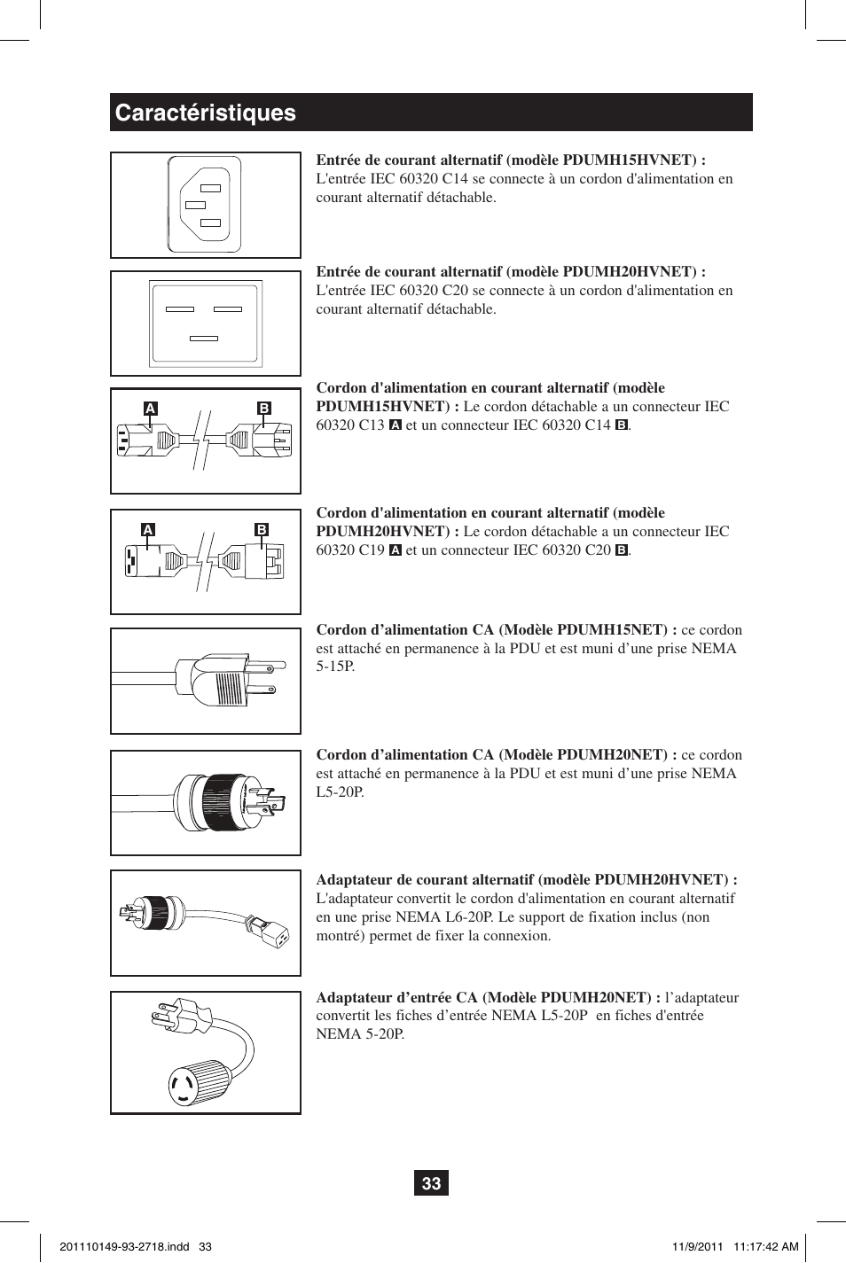 Caractéristiques | Tripp Lite XL User Manual | Page 33 / 36