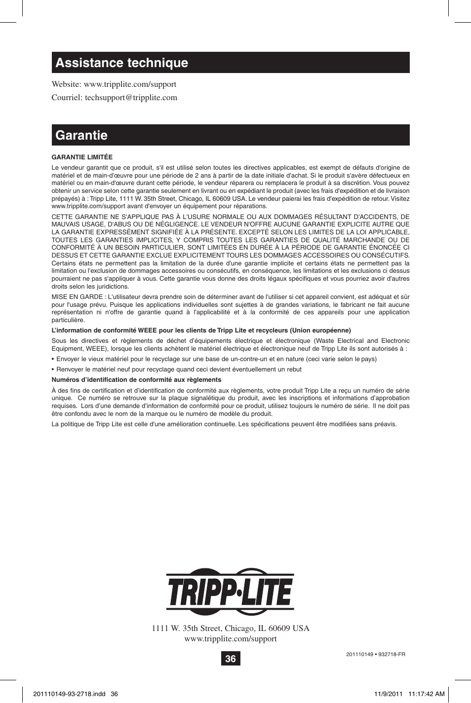 Assistance technique garantie | Tripp Lite XL User Manual | Page 36 / 36