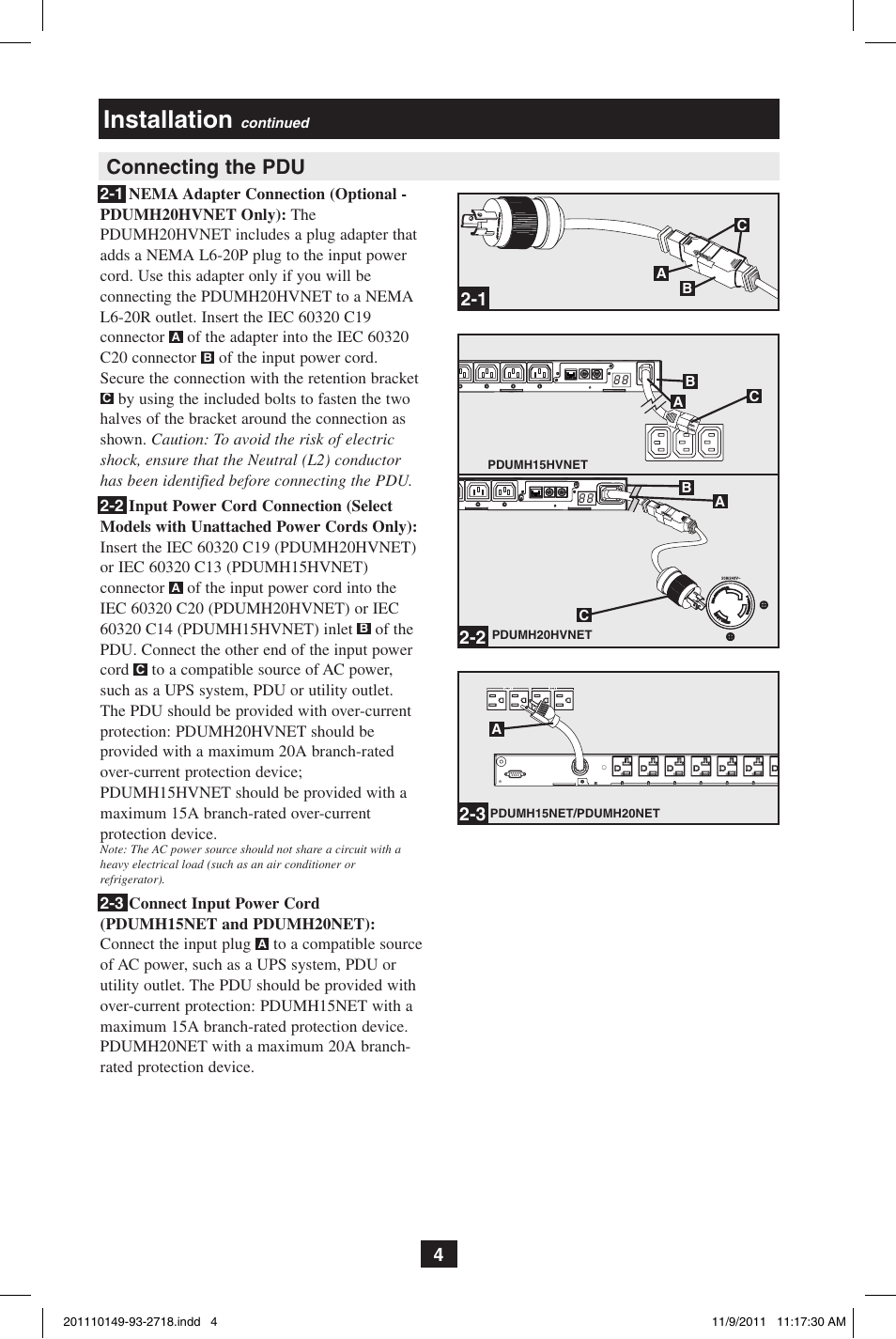 Installation, Connecting the pdu | Tripp Lite XL User Manual | Page 4 / 36