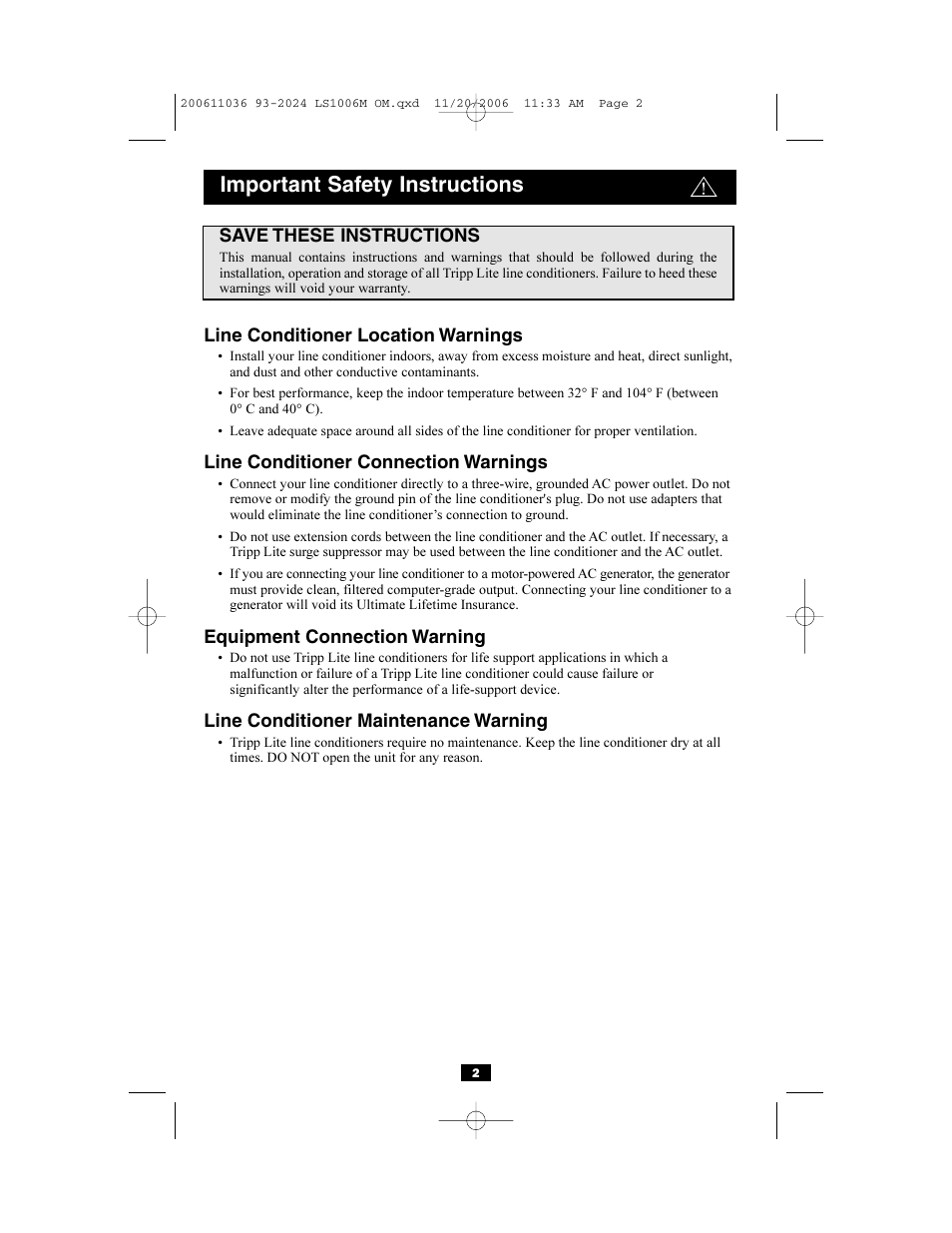 Important safety instructions | Tripp Lite LS1006M User Manual | Page 2 / 7