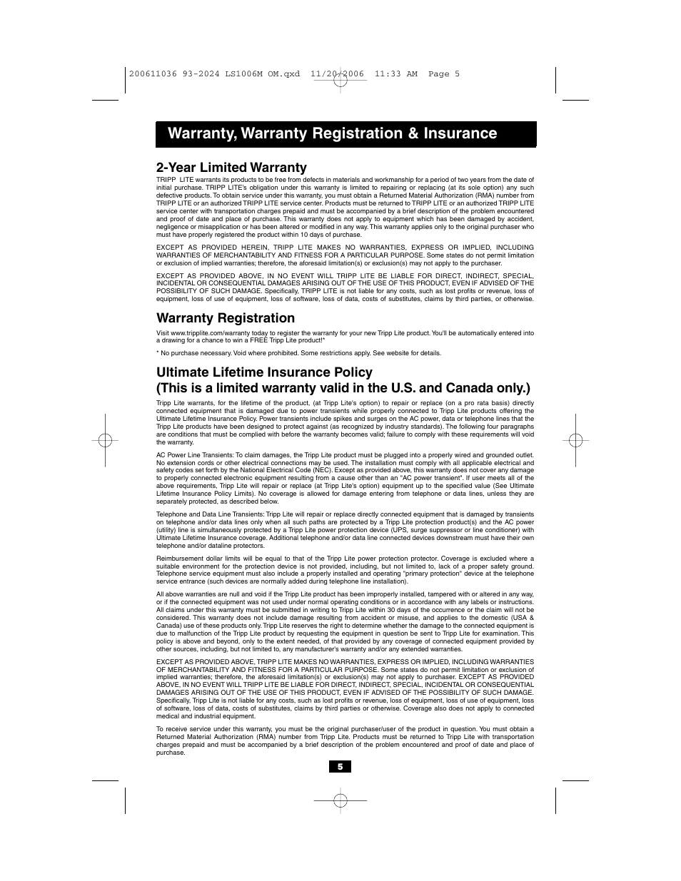 Warranty, warranty registration & insurance, Year limited warranty, Warranty registration | Tripp Lite LS1006M User Manual | Page 5 / 7