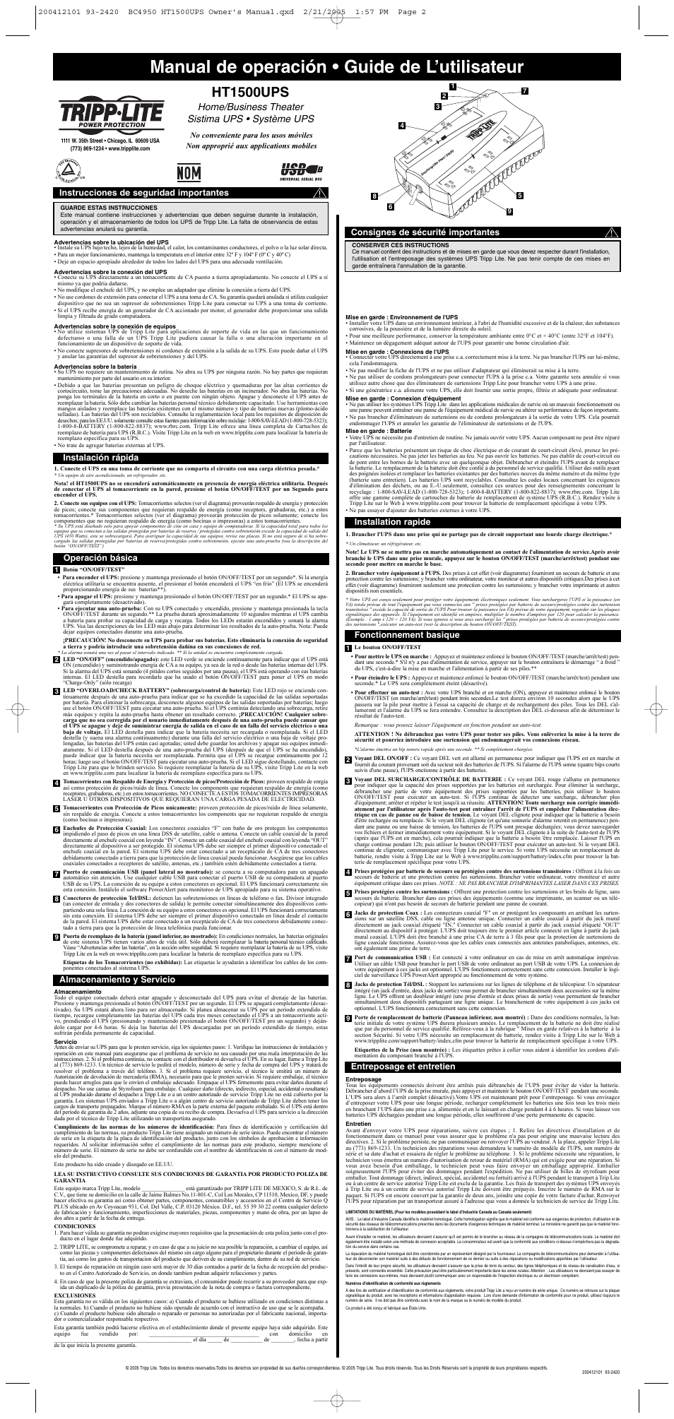 Manual de operación • guide de l’utilisateur, Ht1500ups, On / o f f ove r lo a d / ch e ck ba tt er y | Home/business theater sistima ups • système ups | Tripp Lite HT1500UPS User Manual | Page 2 / 2