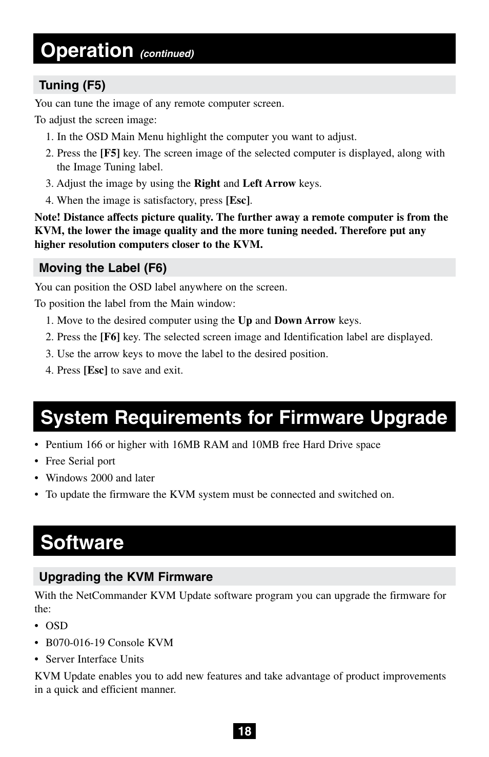 Operation, Software, System requirements for firmware upgrade | Tripp Lite NetCommander B072-008-1 User Manual | Page 18 / 24