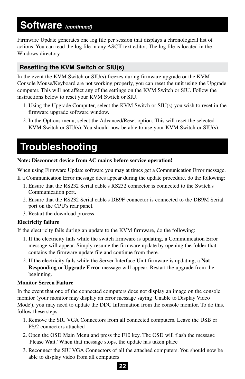 Software, Troubleshooting | Tripp Lite NetCommander B072-008-1 User Manual | Page 22 / 24