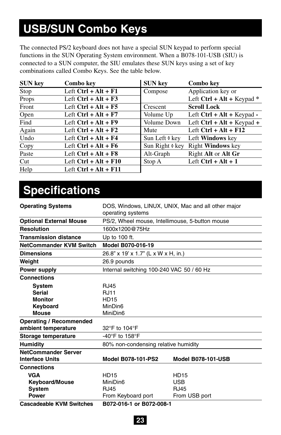 Usb/sun combo keys, Specifications | Tripp Lite NetCommander B072-008-1 User Manual | Page 23 / 24