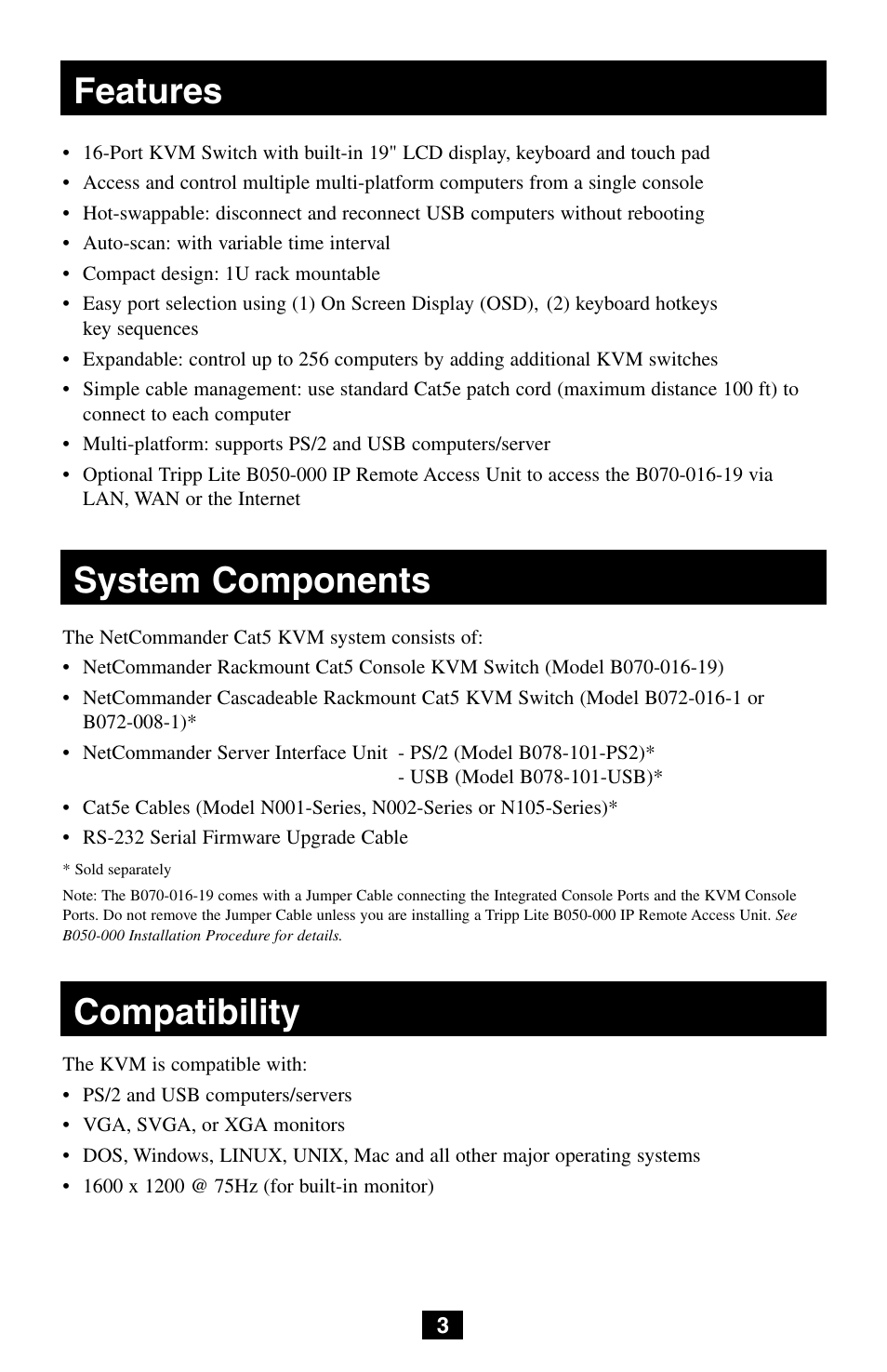 Features, System components, Compatibility | Tripp Lite NetCommander B072-008-1 User Manual | Page 3 / 24