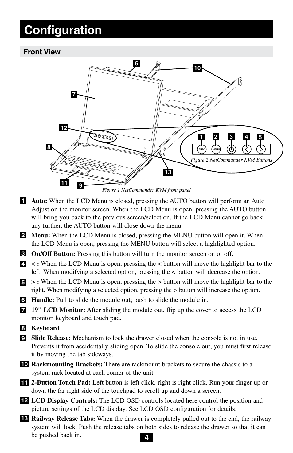 Configuration, Front view | Tripp Lite NetCommander B072-008-1 User Manual | Page 4 / 24