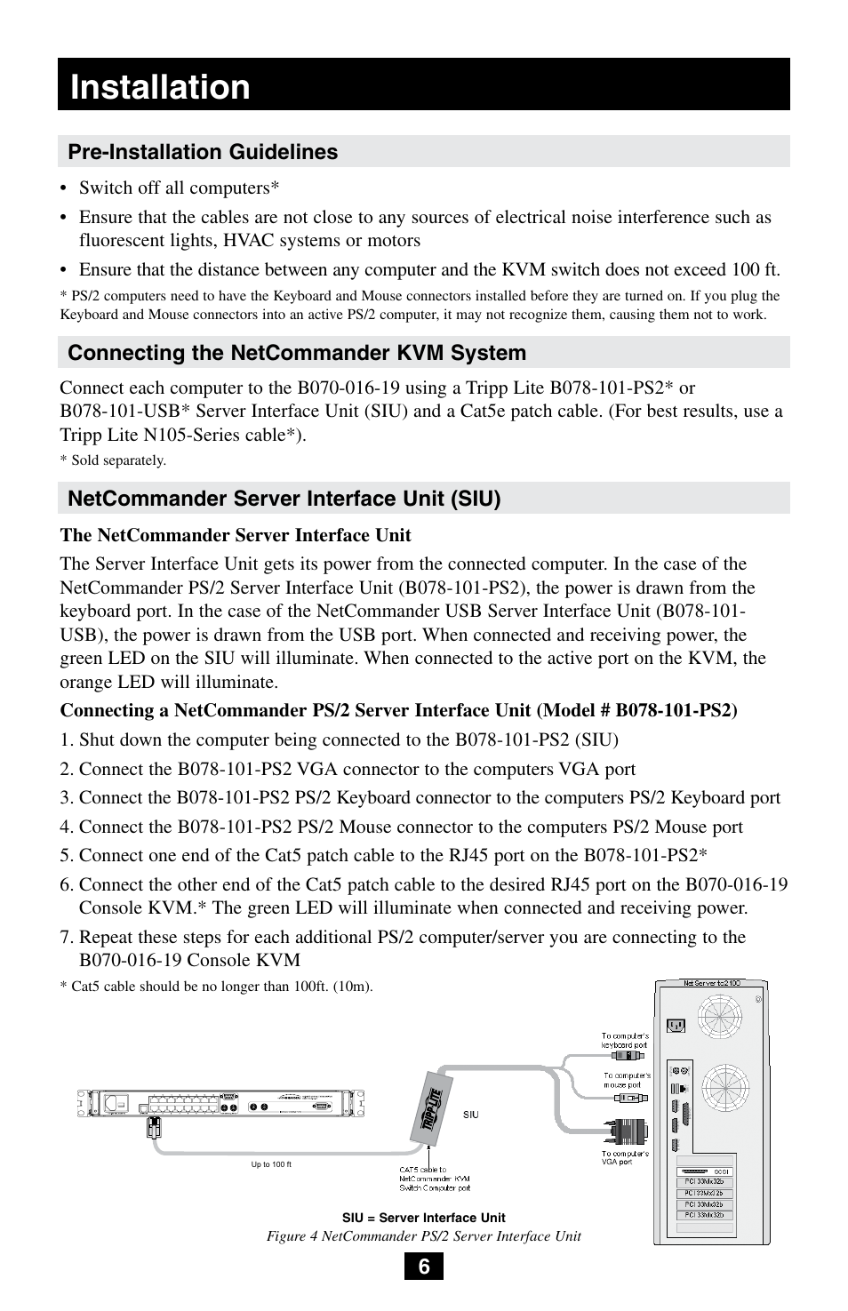 Installation, Netcommander server interface unit (siu) | Tripp Lite NetCommander B072-008-1 User Manual | Page 6 / 24