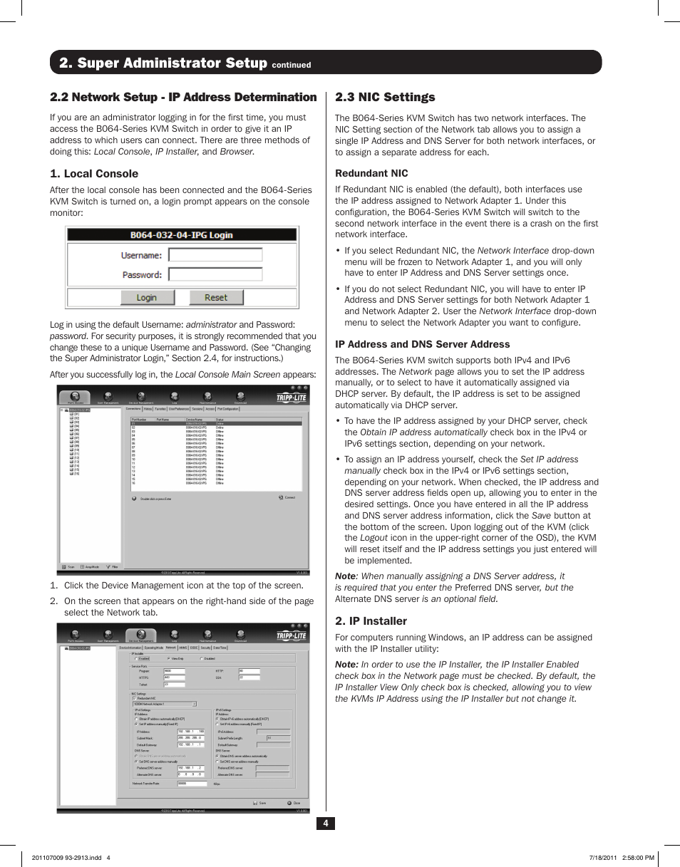 Super administrator setup, 2 network setup - ip address determination, 3 nic settings | Tripp Lite NETDIRECTORTM B064-016-02-IPG User Manual | Page 4 / 8