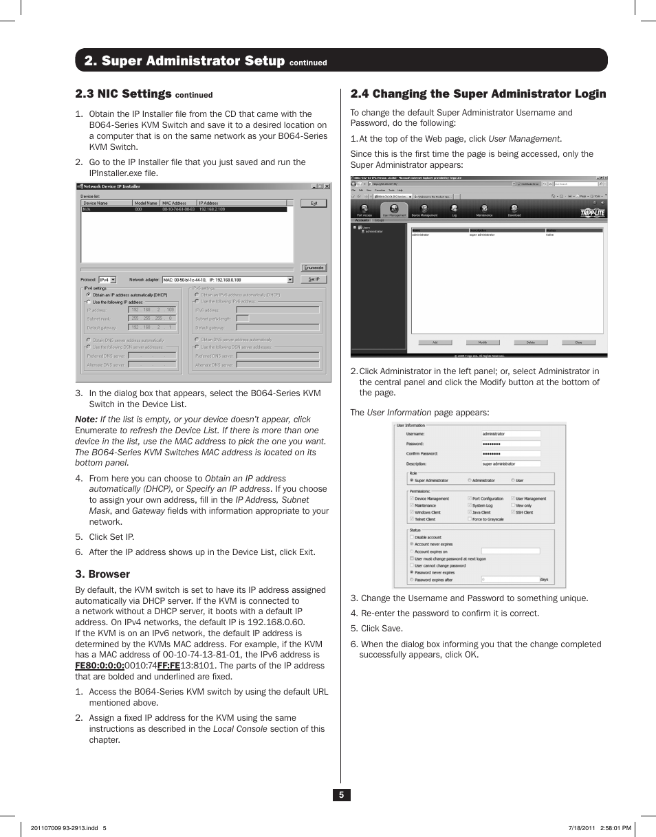 Super administrator setup, 4 changing the super administrator login, 3 nic settings | Tripp Lite NETDIRECTORTM B064-016-02-IPG User Manual | Page 5 / 8