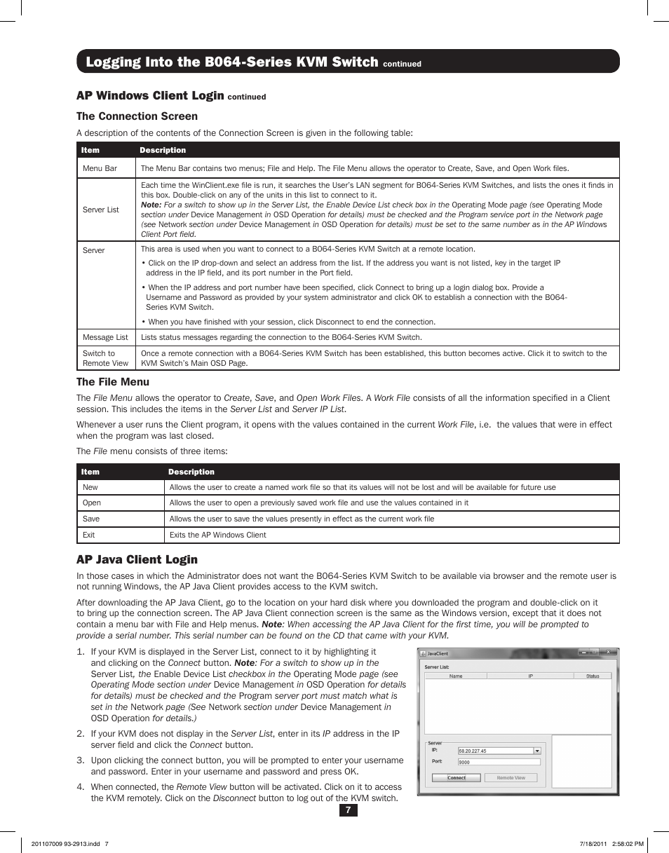 Logging into the b064-series kvm switch, Ap java client login ap windows client login, The connection screen | The file menu | Tripp Lite NETDIRECTORTM B064-016-02-IPG User Manual | Page 7 / 8