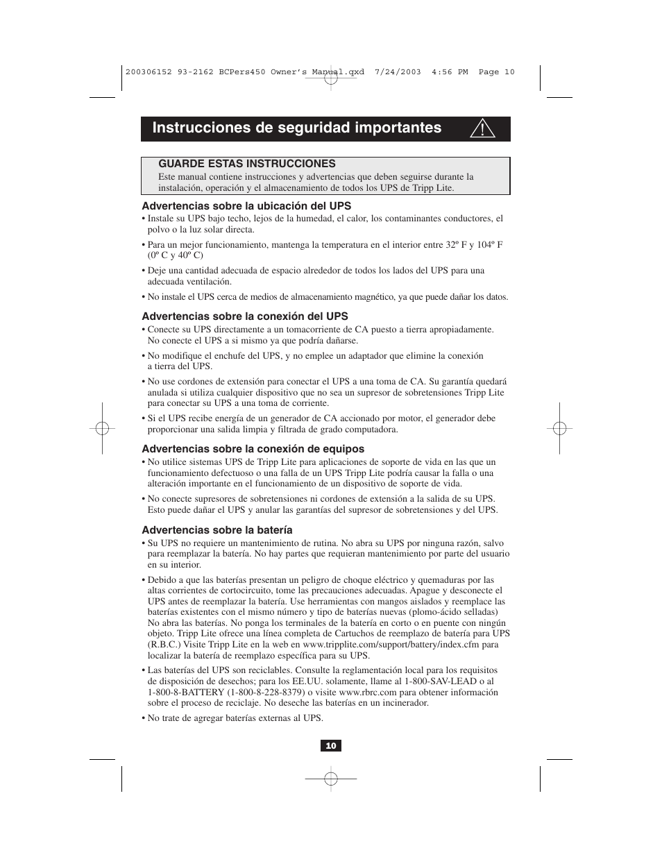 Instrucciones de seguridad importantes | Tripp Lite INTERNETOFFICE700 User Manual | Page 10 / 28