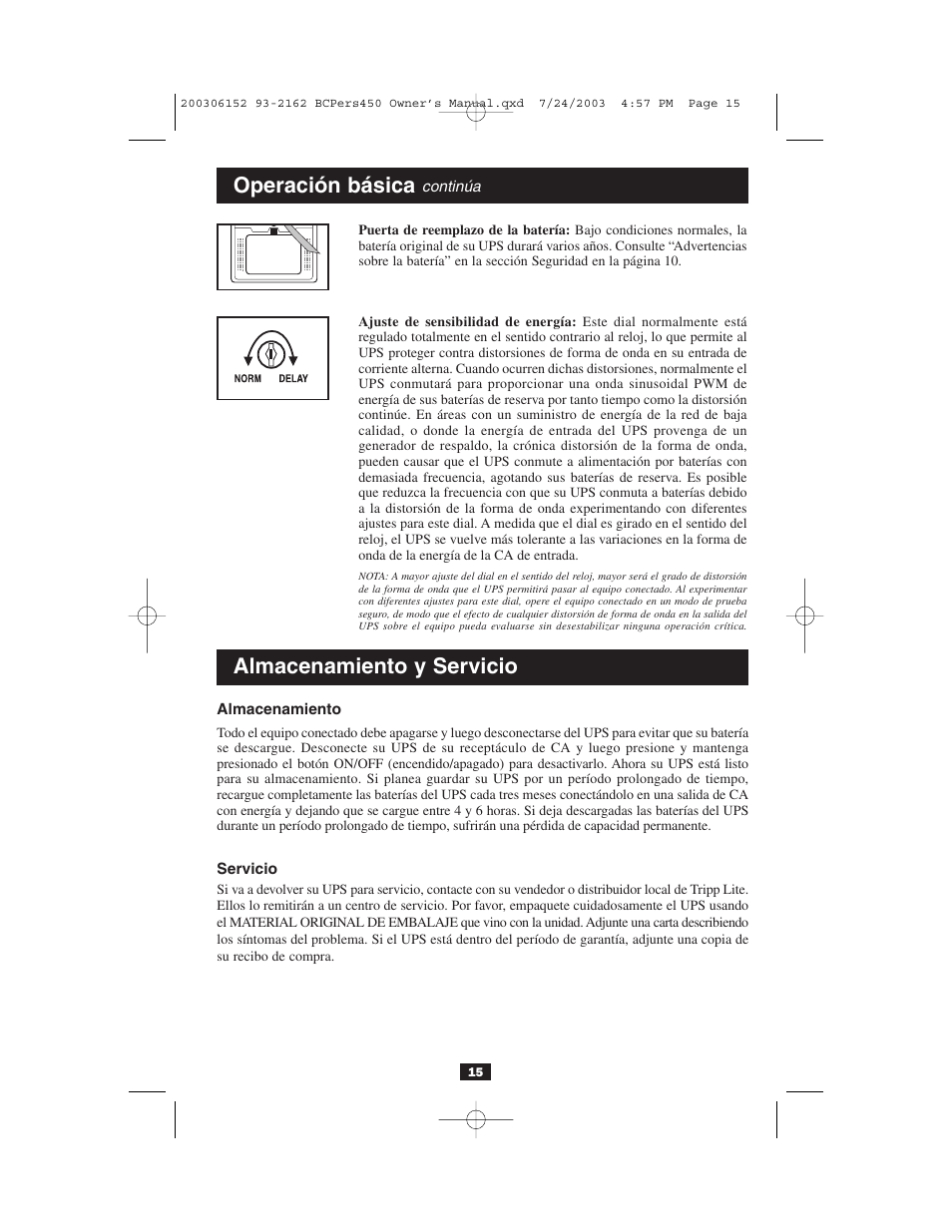 Operación básica, Almacenamiento y servicio | Tripp Lite INTERNETOFFICE700 User Manual | Page 15 / 28