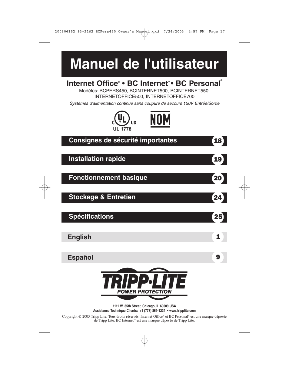 Manuel de l'utilisateur, Internet office, Bc internet | Bc personal, English 1 español 9 | Tripp Lite INTERNETOFFICE700 User Manual | Page 17 / 28