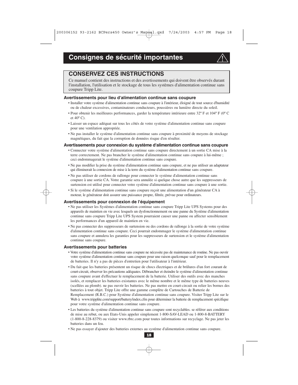 Consignes de sécurité importantes, Conservez ces instructions | Tripp Lite INTERNETOFFICE700 User Manual | Page 18 / 28