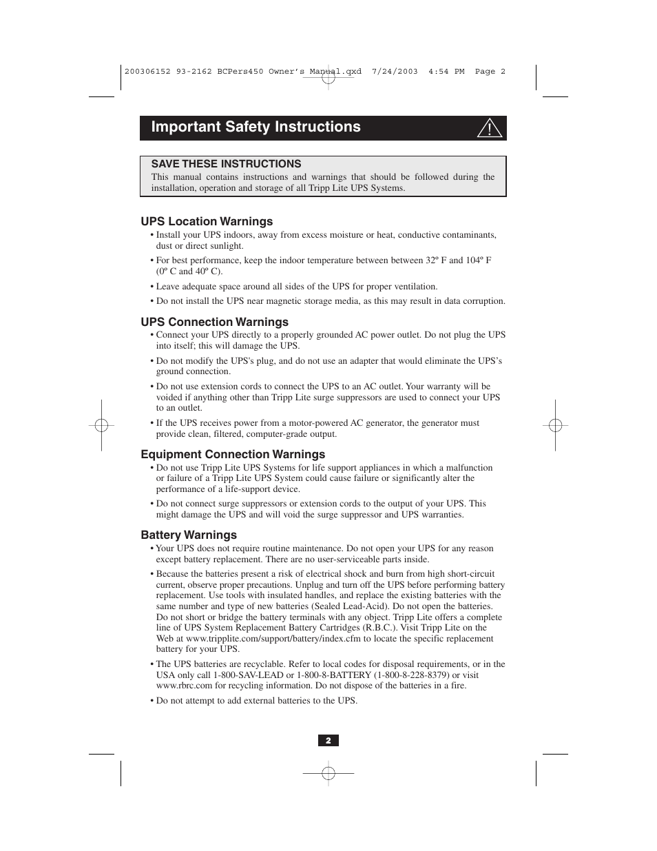 Important safety instructions | Tripp Lite INTERNETOFFICE700 User Manual | Page 2 / 28