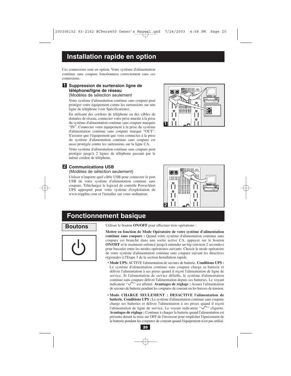 Installation rapide en option, Fonctionnement basique, Boutons | Tripp Lite INTERNETOFFICE700 User Manual | Page 20 / 28